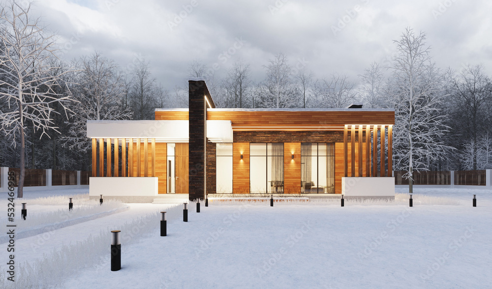 3D visualization of a modern villa with a large plot. Individual residential building. Modern architecture 3D visualization of a modern villa with a large plot. Individual residential building. Modern architecture