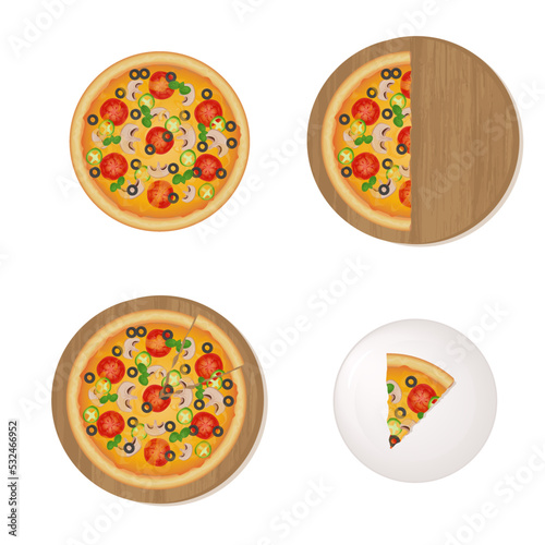Pizza set on a board and a plate with mushrooms, tomatoes, olives, peppers and basil