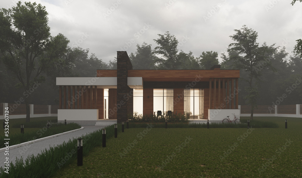 3D visualization of a modern villa with a large plot. Individual residential building. Modern architecture 3D visualization of a modern villa with a large plot. Individual residential building. Modern architecture