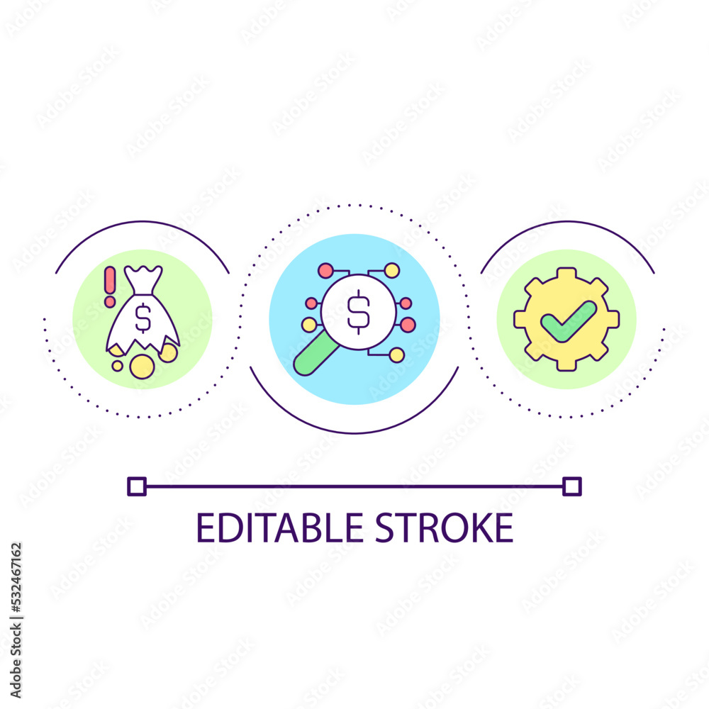 Prevention of money losing loop concept icon. Insurance for bank customers. Finances security abstract idea thin line illustration. Isolated outline drawing. Editable stroke. Arial font used