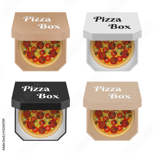 Pizza set in a box with salami,  tomatoes, olives,  peppers and basil