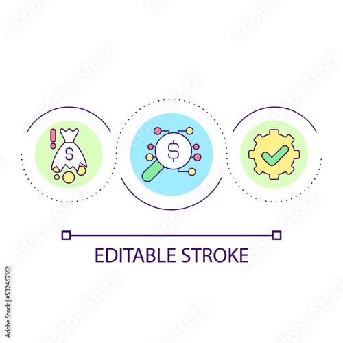 Prevention of money losing loop concept icon. Insurance for bank customers. Finances security abstract idea thin line illustration. Isolated outline drawing. Editable stroke. Arial font used