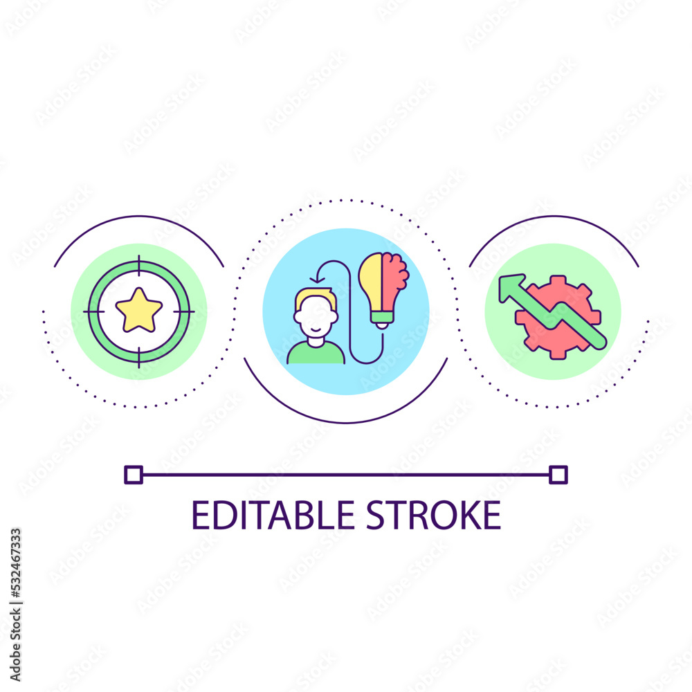 Innovative solutions to reach success loop concept icon. Creative thinking in business. Development abstract idea thin line illustration. Isolated outline drawing. Editable stroke. Arial font used