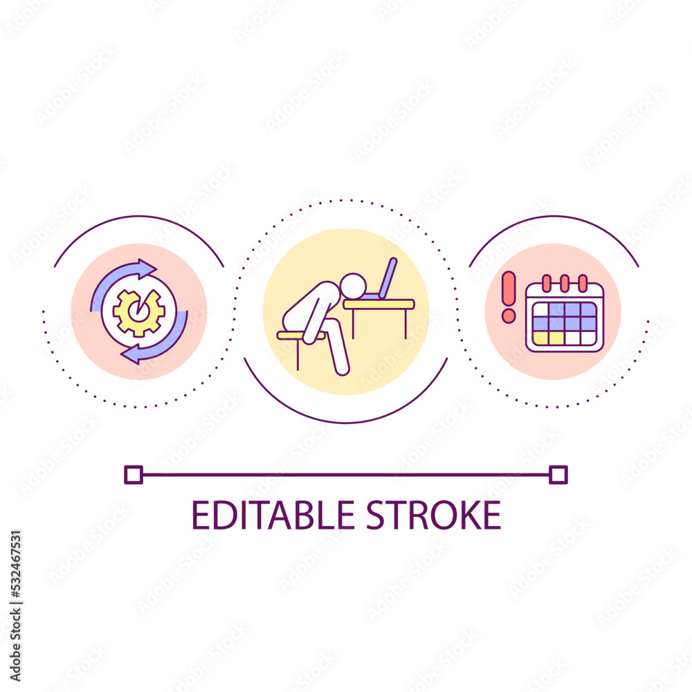 Overworking problem loop concept icon. High load in workplace. Burnout of company employee abstract idea thin line illustration. Isolated outline drawing. Editable stroke. Arial font used Overworking problem loop concept icon. High load in workplace. Burnout of company employee abstract idea thin line illustration. Isolated outline drawing. Editable stroke. Arial font used