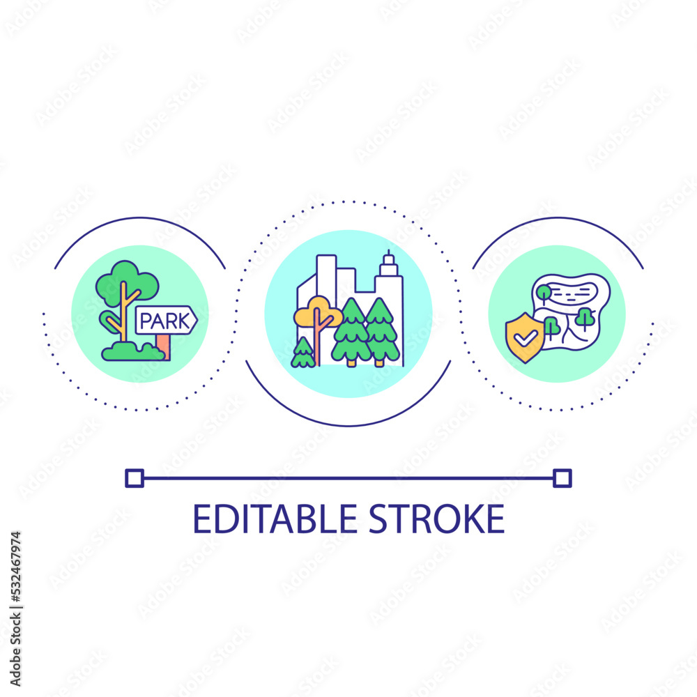 Fototapeta premium Park zones development loop concept icon. Nature at urban site. Place to rest and recreate in town abstract idea thin line illustration. Isolated outline drawing. Editable stroke. Arial font used