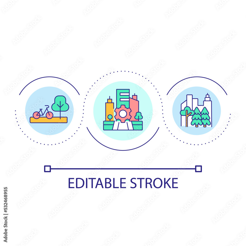 Different purpose areas in city loop concept icon. Development of urban site. Comfortable life abstract idea thin line illustration. Isolated outline drawing. Editable stroke. Arial font used