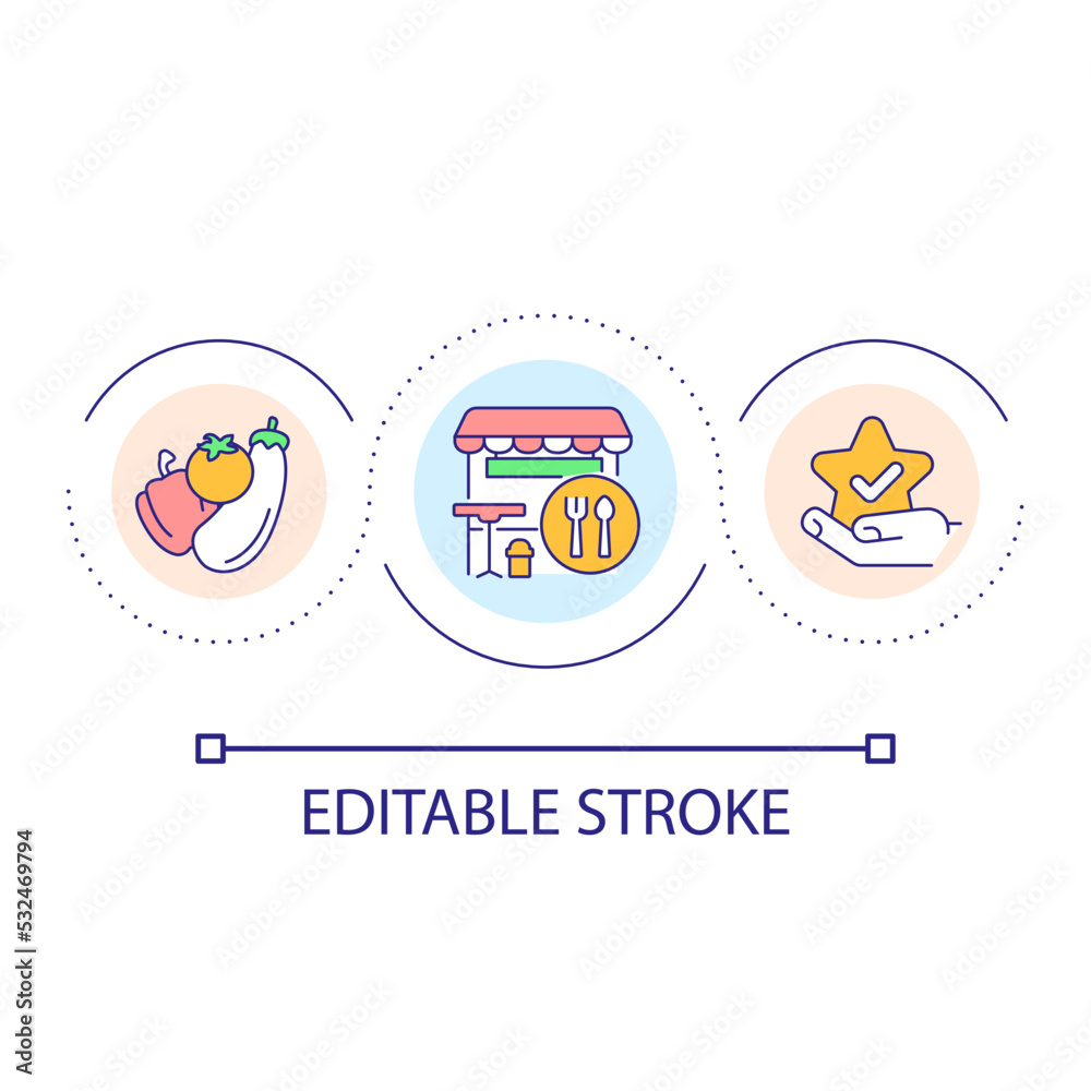 Healthy street food loop concept icon. Fast food cooked from organic ingredients. Urban lifestyle abstract idea thin line illustration. Isolated outline drawing. Editable stroke. Arial font used Healthy street food loop concept icon. Fast food cooked from organic ingredients. Urban lifestyle abstract idea thin line illustration. Isolated outline drawing. Editable stroke. Arial font used