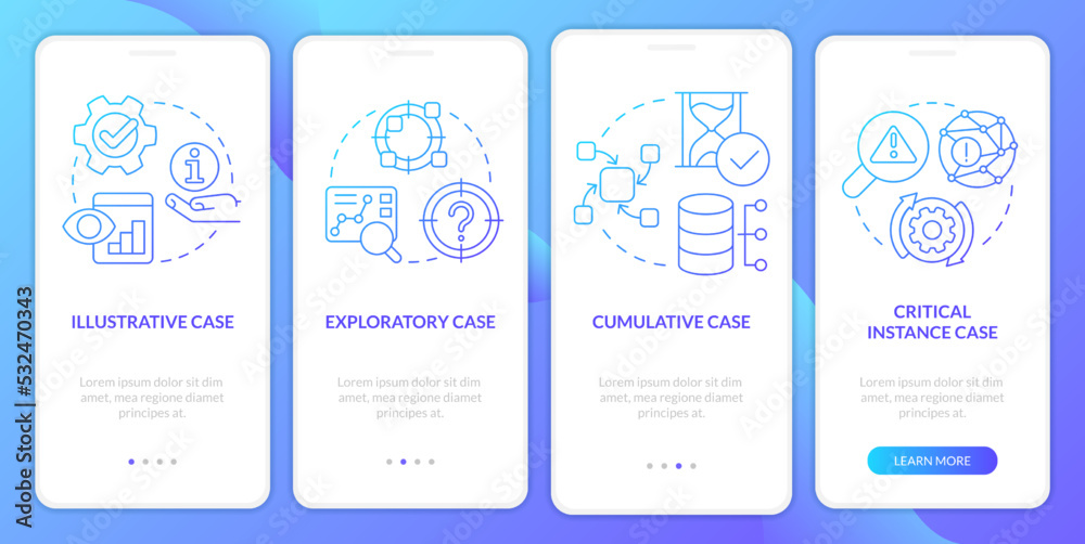 Types of case study blue gradient onboarding mobile app screen. Methods walkthrough 4 steps graphic instructions with linear concepts. UI, UX, GUI template. Myriad Pro-Bold, Regular fonts used