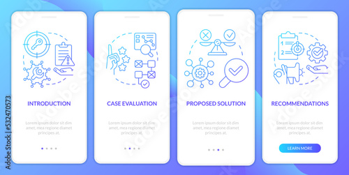 Case drafting blue gradient onboarding mobile app screen. Studying plan walkthrough 4 steps graphic instructions with linear concepts. UI, UX, GUI template. Myriad Pro-Bold, Regular fonts used