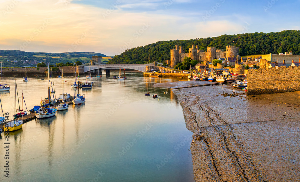 Conwy town, Wales, UK, panoramic view in the morning light