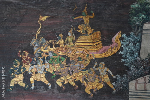 Old wall paintings from 1930 tell the story of Thai literature. Written on the wall of Wat Phra Kaew Bangkok, Thailand Open for tourists to visit and take photos on December 22, 2020 photo