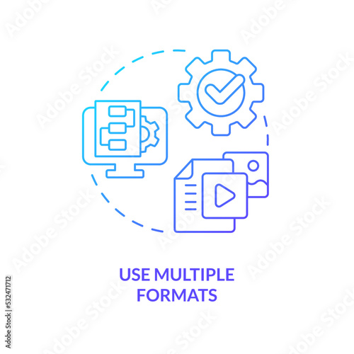 Use multiple formats blue gradient concept icon. Content making process. Element of case study abstract idea thin line illustration. Isolated outline drawing. Myriad Pro-Bold font used