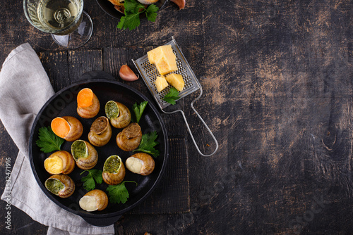 Baked snails Escargot with bread