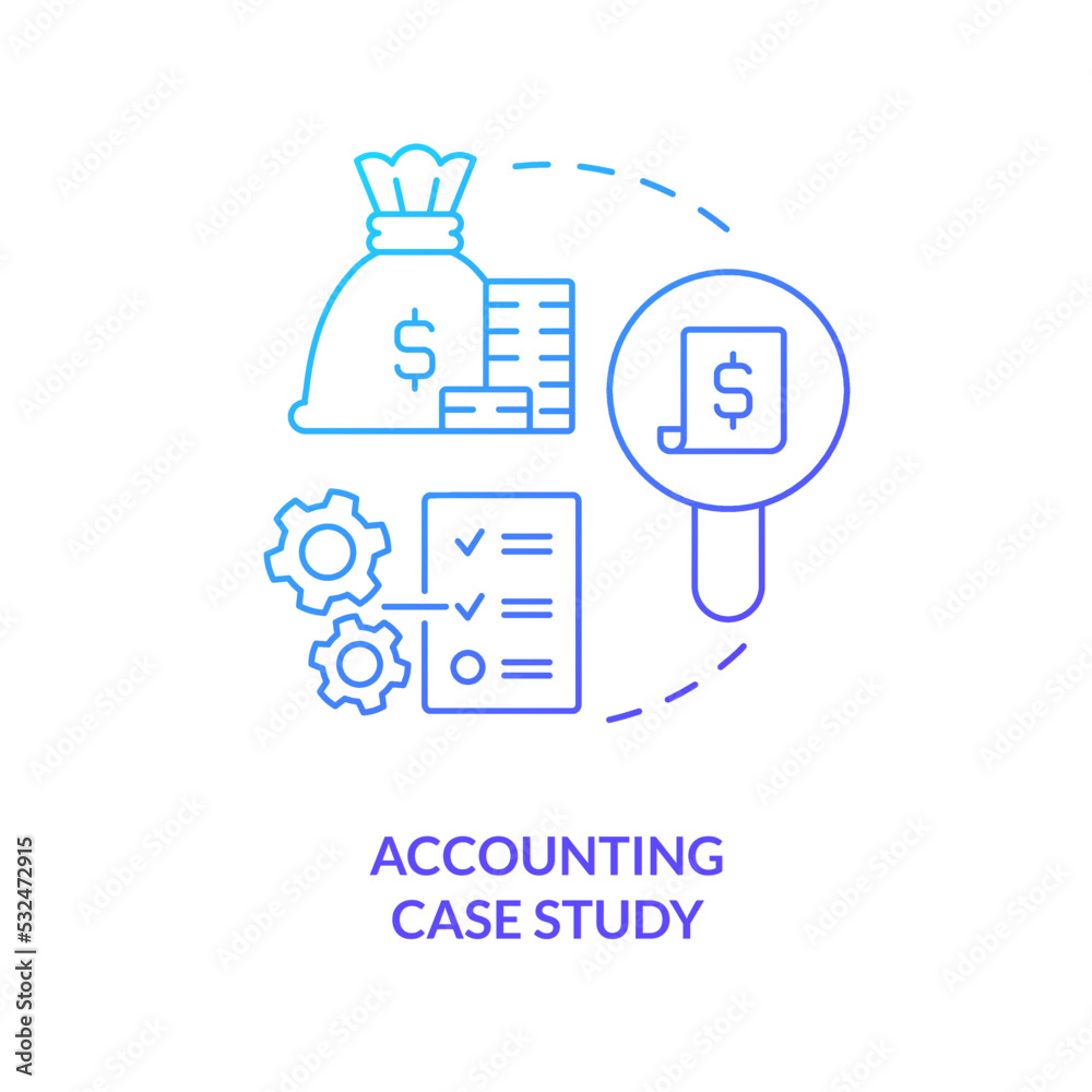 Accounting case study blue gradient concept icon. Finances management analysis. Business strategy abstract idea thin line illustration. Isolated outline drawing. Myriad Pro-Bold font used Accounting case study blue gradient concept icon. Finances management analysis. Business strategy abstract idea thin line illustration. Isolated outline drawing. Myriad Pro-Bold font used
