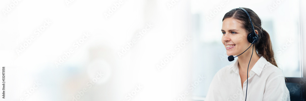 Beautiful female call center service support concept in headset Female customer support or sales representative. Telephone service providers support customers in headsets, call centers. banner image Beautiful female call center service support concept in headset Female customer support or sales representative. Telephone service providers support customers in headsets, call centers. banner image