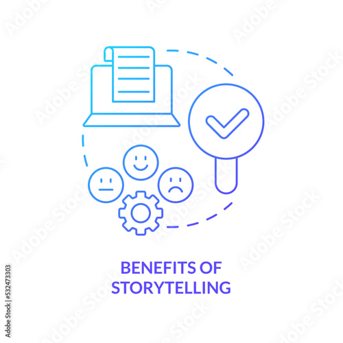 Benefits of storytelling blue gradient concept icon. Communication way. How to use case studies abstract idea thin line illustration. Isolated outline drawing. Myriad Pro-Bold font used