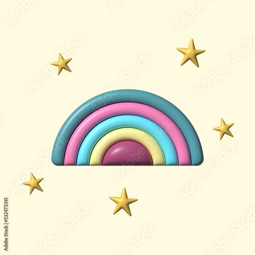 Cute rainbow with stars. Vector 3d illustration. Children's design.