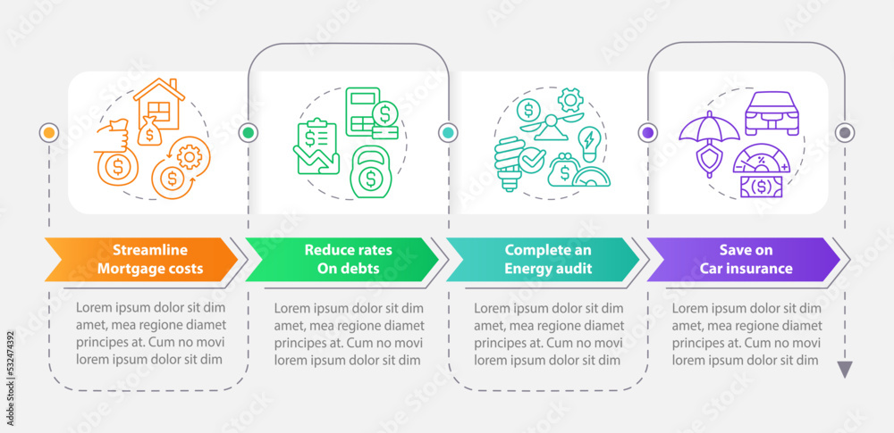 Budgeting for inflation rectangle infographic template. Data visualization with 4 steps. Editable timeline info chart. Workflow layout with line icons. Myriad Pro-Bold, Regular fonts used