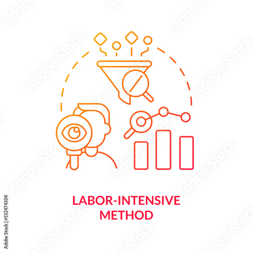 Labor intensive method red gradient concept icon. High working load. Disadvantage of case study abstract idea thin line illustration. Isolated outline drawing. Myriad Pro-Bold font used