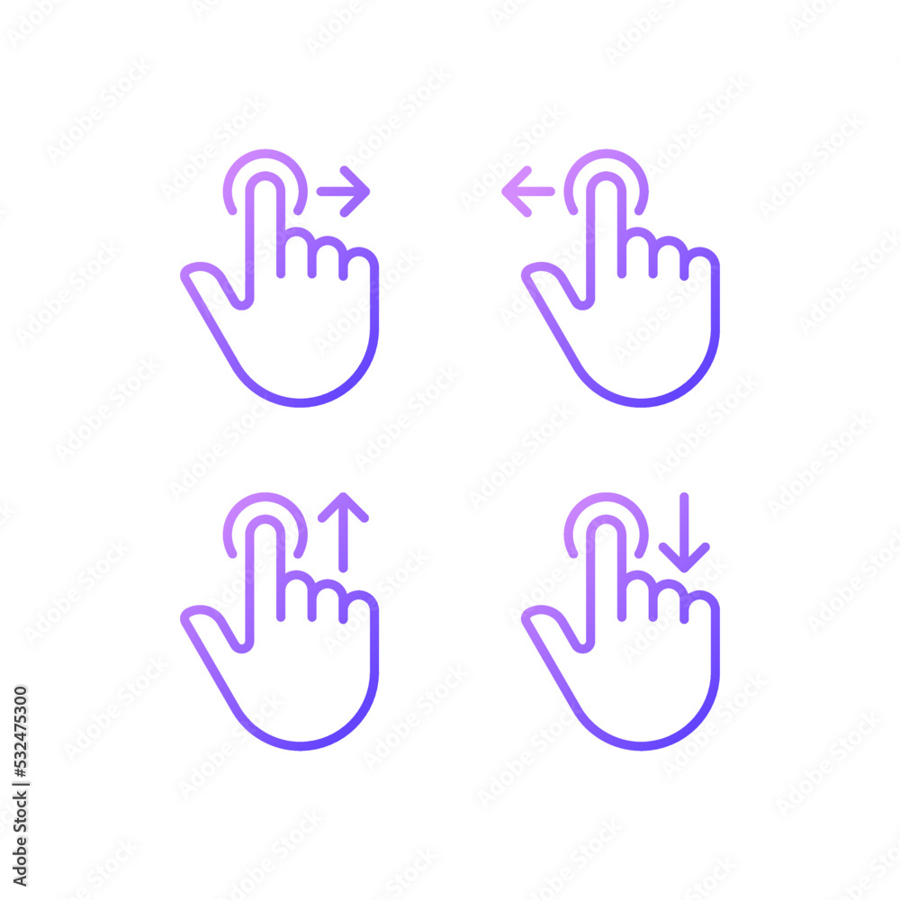 Obraz premium Hold and move gradient linear vector icons set. Long tap and draw. Touchscreen control gestures. Smartphone. Thin line contour symbol designs bundle. Isolated outline illustrations collection