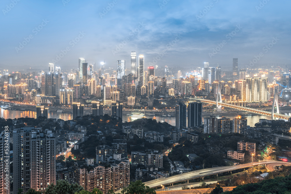 Overlooking the night view of modern buildings in Chongqing Financial Center