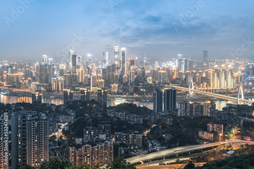 Overlooking the night view of modern buildings in Chongqing Financial Center