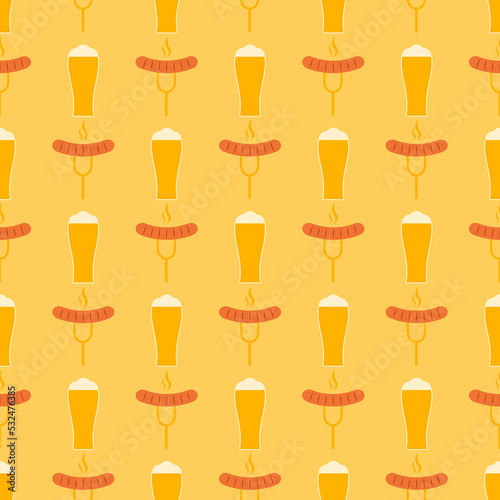 Seamless pattern with sausage and glass of beer. Glass of beer and sausage in retro color palette. Food concept in flat design. Design for print on wrapping paper, wallpaper. Vector illustration