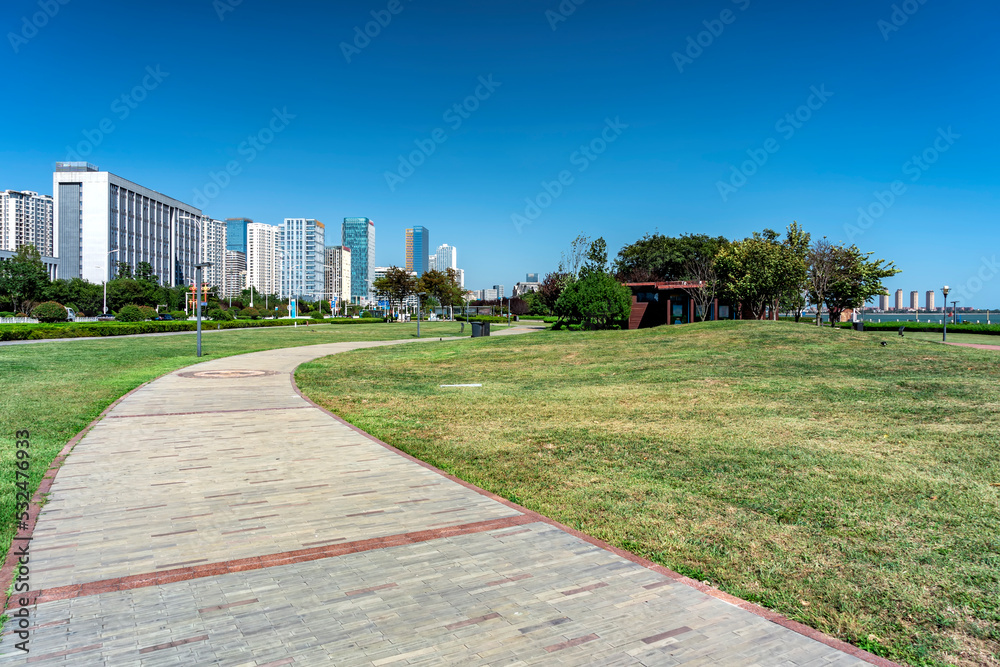 Street view of modern buildings in Qingdao West Coast New District