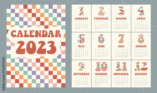 Print template calendar for 2023 in vertical A4  A3 format.12 months and cover. 12 Hippie Groovy curved distorted waves  cage  stripes  rays  checker vector geometric abstract digits background. 