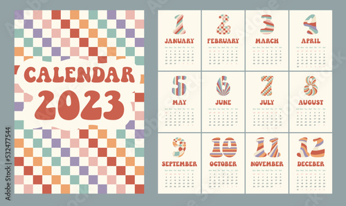 Print template calendar for 2023 in vertical A4, A3 format.12 months and cover. 12 Hippie Groovy curved distorted waves, cage, stripes, rays, checker vector geometric abstract digits background. 