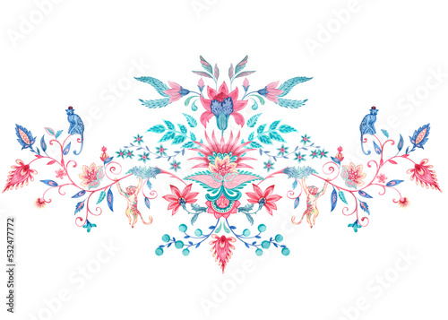 Beautiful PNG  floral composition with hand drawn watercolor abstract flowers in old traditional style with monkey. Stock illustration.