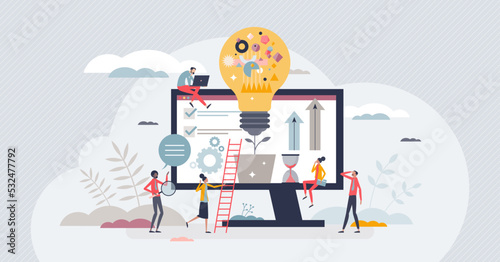Product development as new idea launch process management tiny person concept. Research, monitoring, testing, control and commercialization stages as startup improvement work vector illustration.