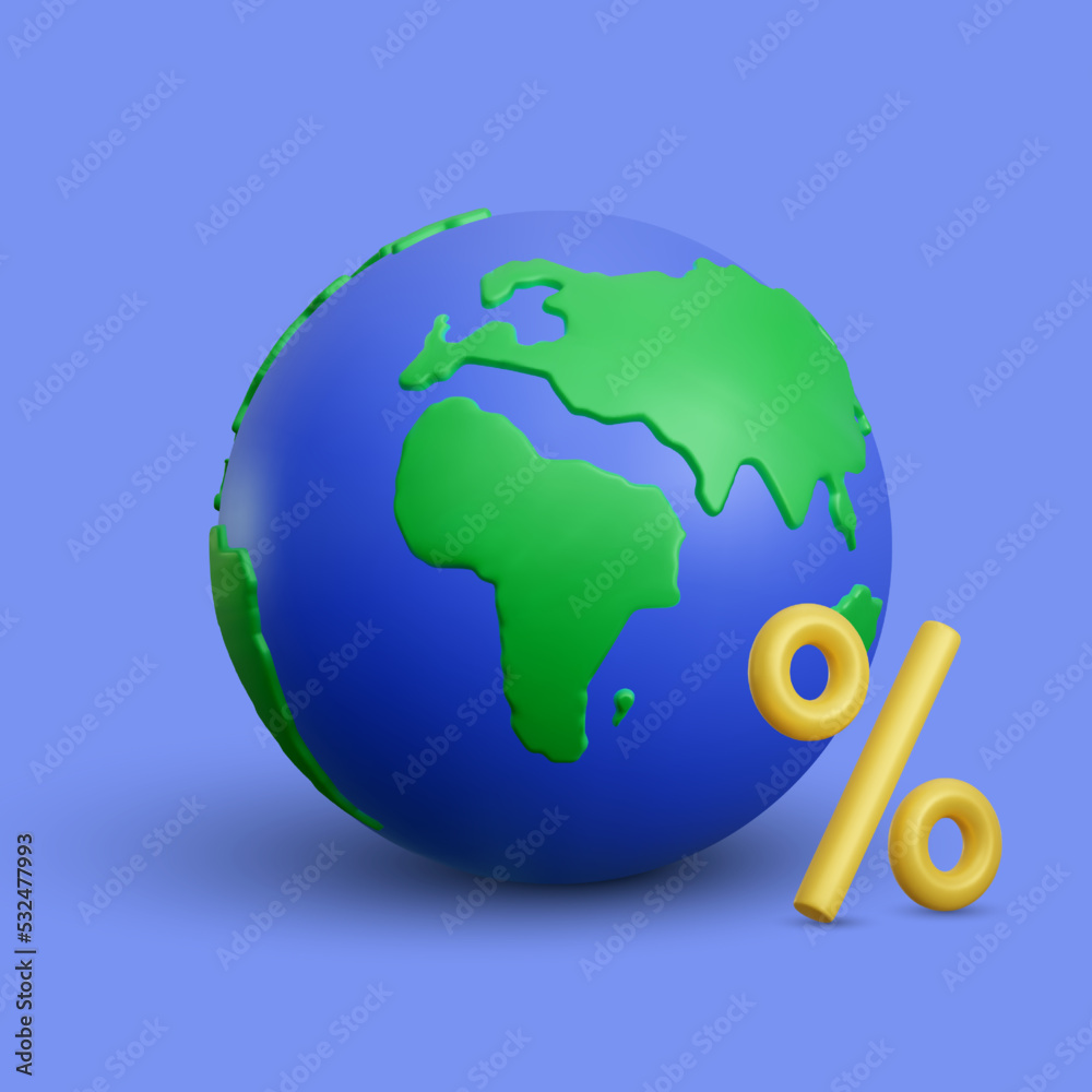 Realistic 3d planet Earth with percent sign on blue background. Vector illustration Realistic 3d planet Earth with percent sign on blue background. Vector illustration