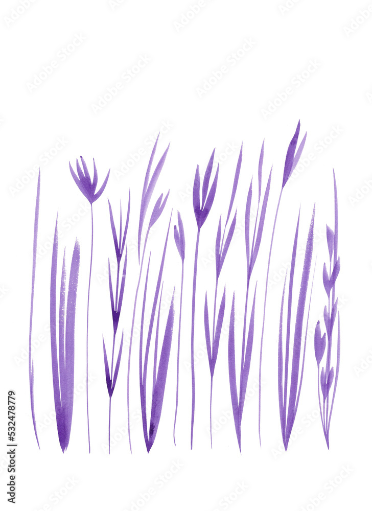 Border of watercolor flowers and plants. Wildflowers and blades of grass. Lavender color monochrome illustration