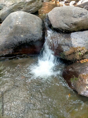 View of the Wild River Falls. The wild landscape of forest rivers. The wild river flows rocks. View of the rocks of the forest river