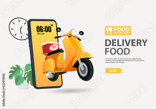3D Fast delivery to phone via scooter. E-commerce concept. Online food ordering infographic. Website, app design. perspective vector