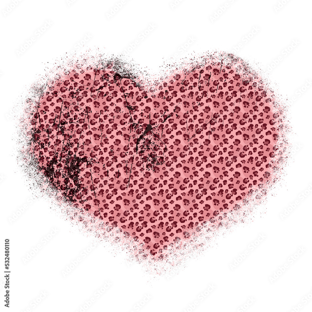 Leopard print pattern hand drawn brush stroke in heart shape . Abstract paint spot with wild animal cheetah skin pattern texture. Rose Gold PNG Element on transparent background
