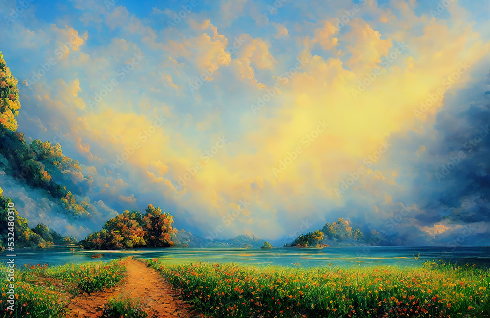 Obraz premium Flower-filled path lakeside