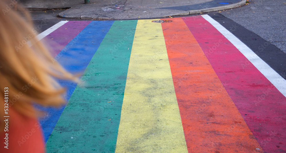 Fototapeta premium The crosswalk in downtown Seattle Washington painted with a rainbow