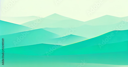 Stylized turquoise flat mountains. Stylized flat mountains on a banner. Simple turquoise waves. Digital illustration.