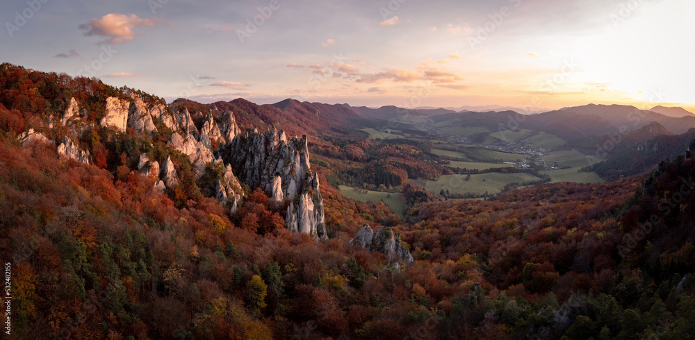 Wonderful autumn colors in Slovakia nature. Pure landscape photography of Sulov rocks during the golden hour. Sulovske skaly