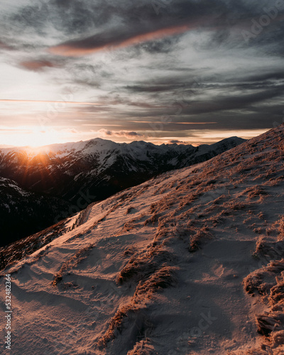 National park of High Tatras in Poland  Landscape photography in the winter. Mountains peaks of Tatry Wysokie with moody conditions