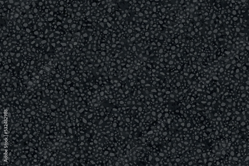 Dark grey textured asfalt seamless pattern top view. Black abstract tarmac texture. Vector illustration of road coat material. Grunge granular closeup surface. Bitumen grain highway backdrop