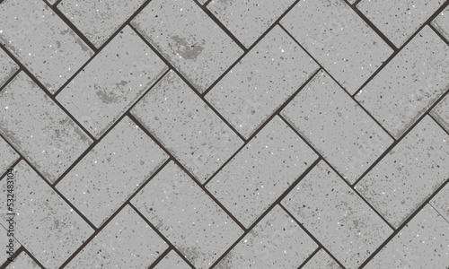 Seamless pattern of pavement with herringbone textured bricks. Vector pathway texture top view. Outdoor concrete slab sidewalk. Cobblestone footpath or patio. Concrete block floor photo