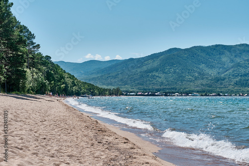 Sandy beach near Maksimikha village, Buryatia, Russia. Barguzinsky Bay of Lake Baikal. photo