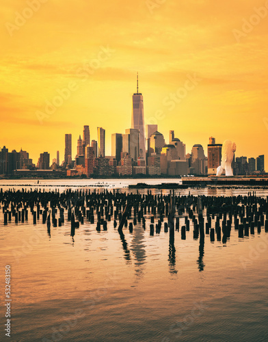 city skyline at sunset beautiful place reflections river New York views Manhattan 