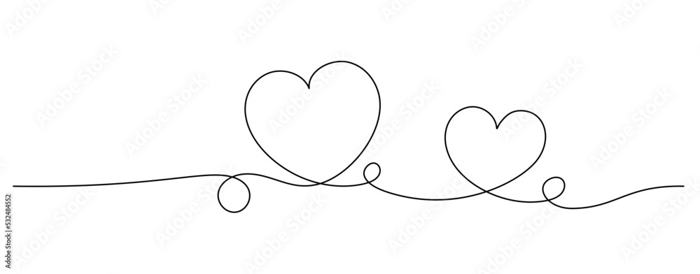 single line drawing of hearts isolated on white background, love and romance symbol line art vector illustration