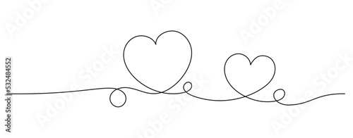 single line drawing of hearts isolated on white background, love and romance symbol line art vector illustration