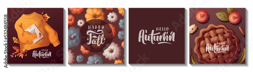 Set of square Autumn cards with pumpkins, apple pie, autumn leaves, warm sweater. Autumn, harvest, thanksgiving day, fall concept. Vector illustration. Cards, postcards, posters.