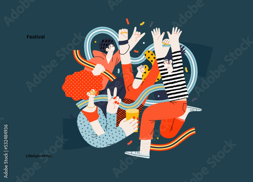 Lifestyle series - Festival - modern flat vector illustration of a man and a woman taking part in the rock musical festival. People activities concept